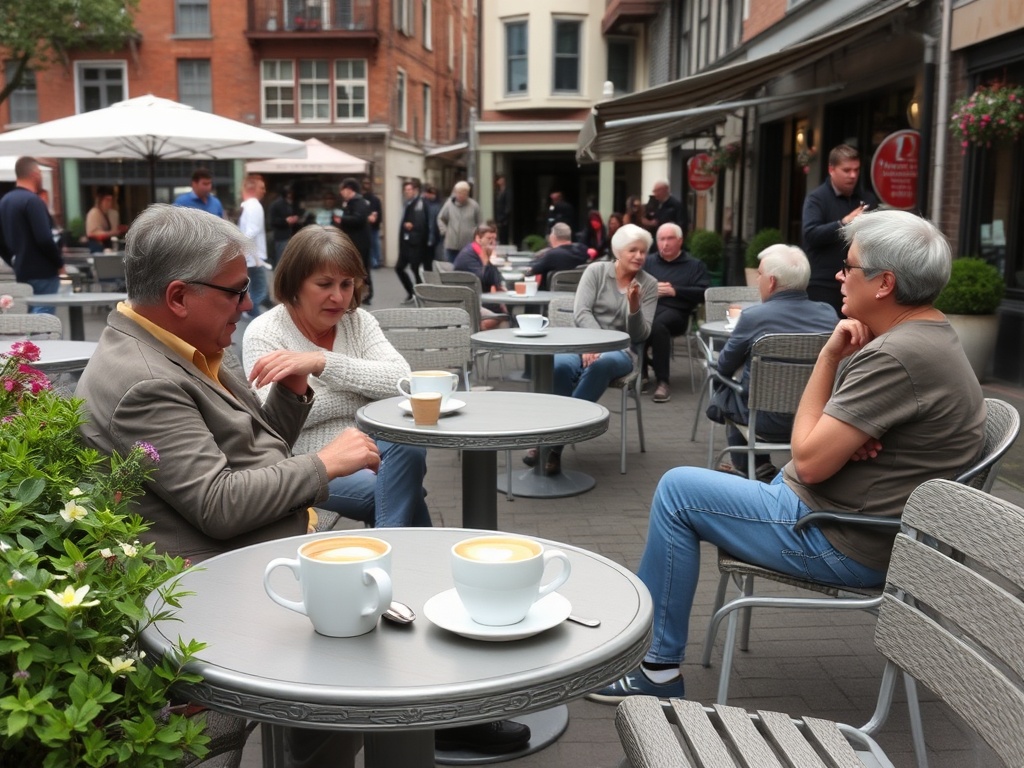 relaxed terrace Saint-Sauveur with coffee, locals chatting, slow pace