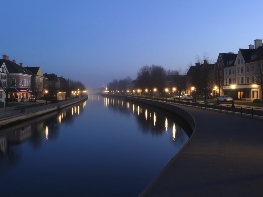 early morning canal in Salaberry-de-Valleyfield with soft light, calm water, empty promenade, Quebec charm