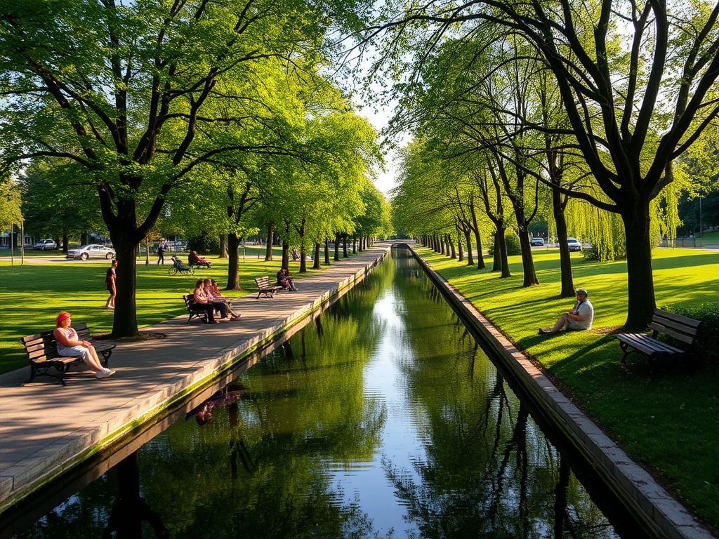 park along canal in Salaberry-de-Valleyfield with people relaxing, trees, benches, summer afternoon light