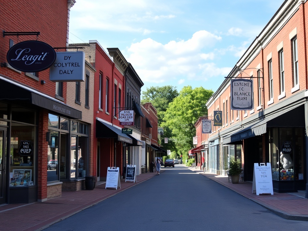 small downtown street in Salaberry-de-Valleyfield with local shops, brick buildings, Quebec signage, casual atmosphere