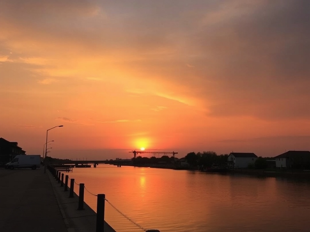 sunset over Salaberry-de-Valleyfield waterfront with golden sky, reflections on water, relaxed evening atmosphere