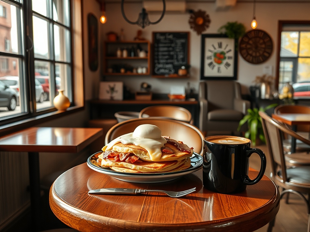 cozy breakfast cafe interior in Sault Ste Marie Ontario pancakes eggs bacon coffee warm natural light