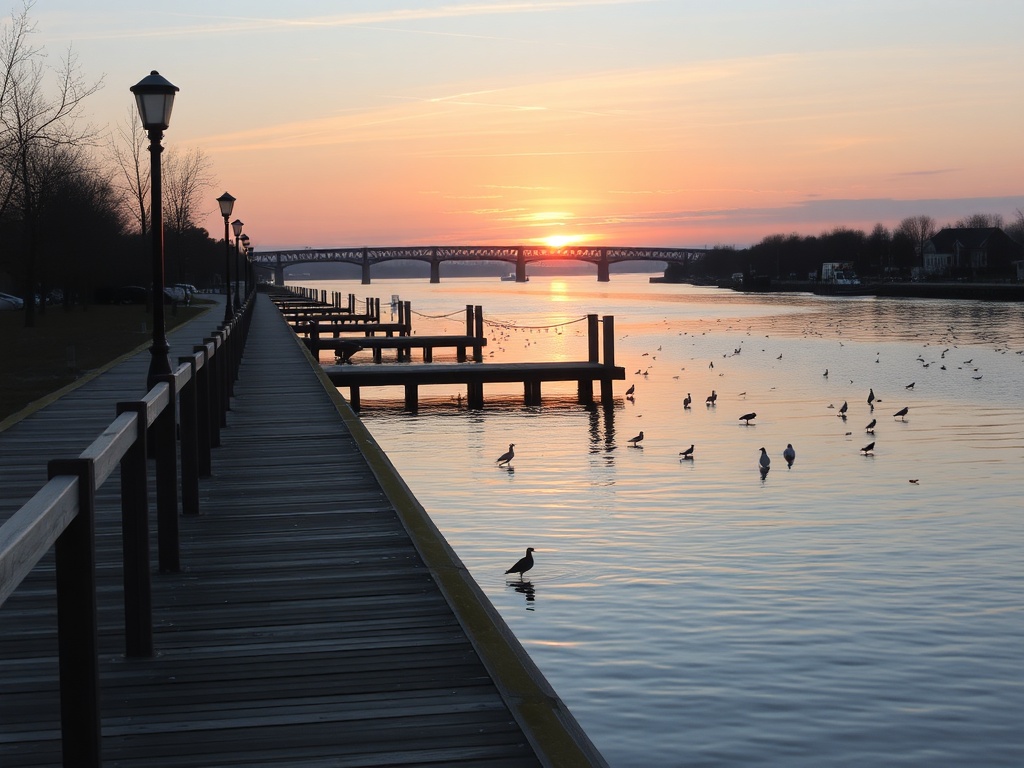 early morning Sault Ste Marie waterfront boardwalk sunrise over St Marys River calm water birds and soft light