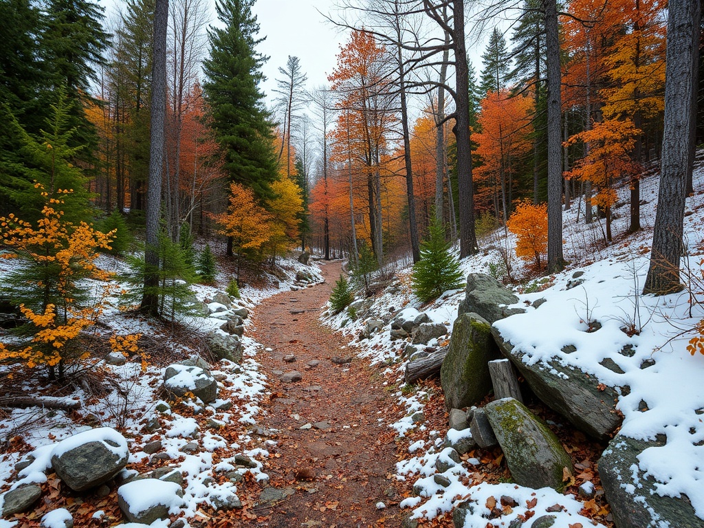 hiking trail in Sault Ste Marie Ontario forest fall colors or winter snow scenic rugged landscape