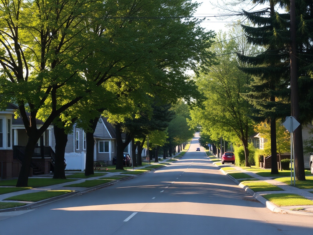 quiet residential neighborhood Sault Ste Marie tree lined streets afternoon light peaceful Canadian town vibe