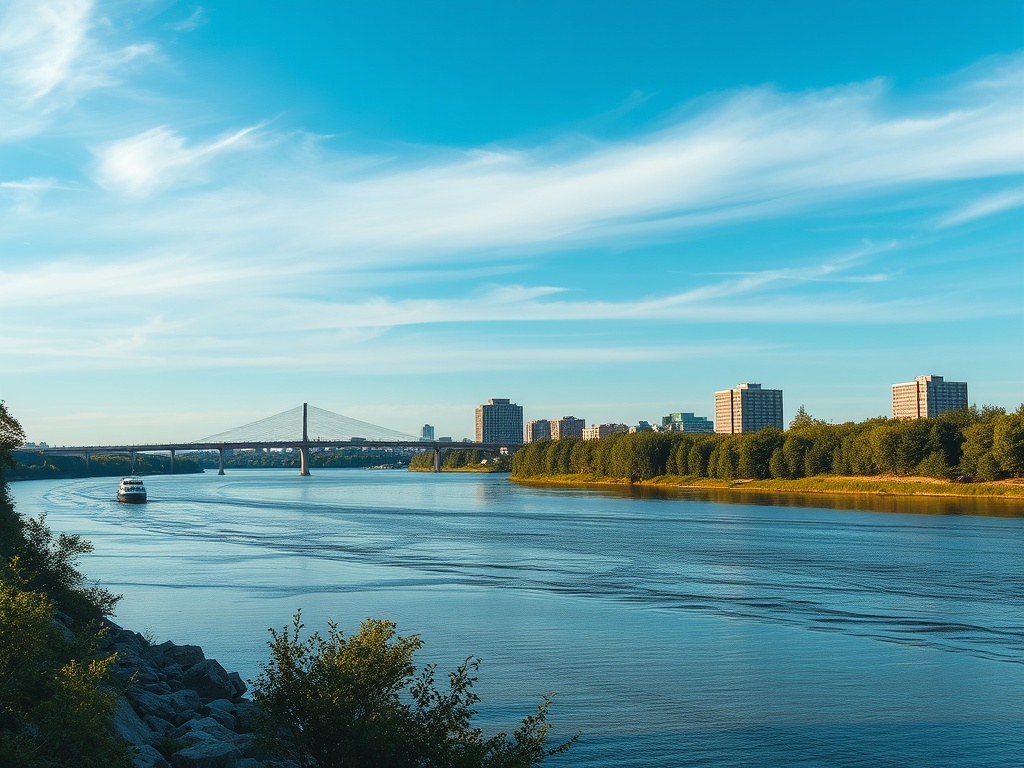 wide scenic shot Sault Ste Marie Ontario skyline river bridge natural surroundings peaceful northern city