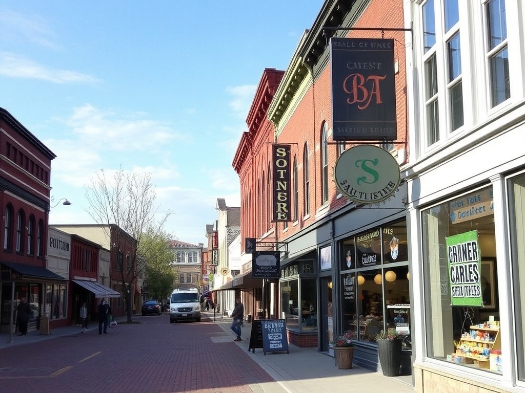 downtown Sault Ste Marie street shops cafes Ontario small town vibrant street view