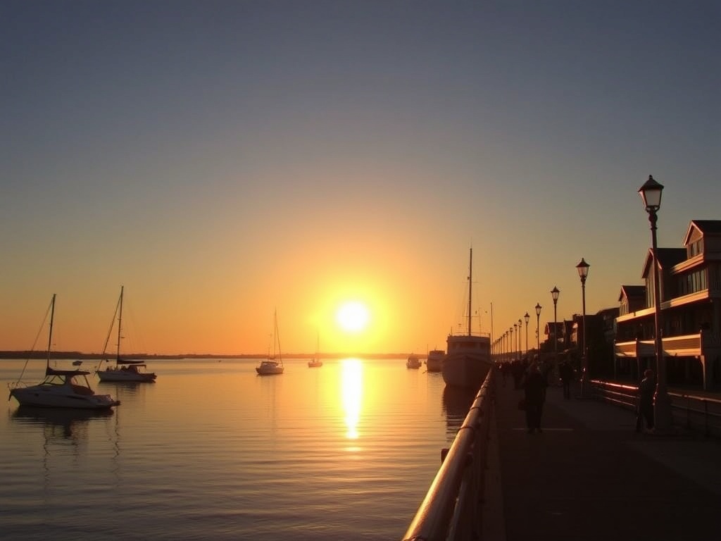 golden hour waterfront boardwalk Sault Ste Marie Ontario boats calm water skyline warm light