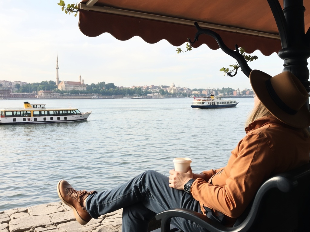 relaxed traveler sitting riverside bench coffee watching ships slow pace travel calm mood