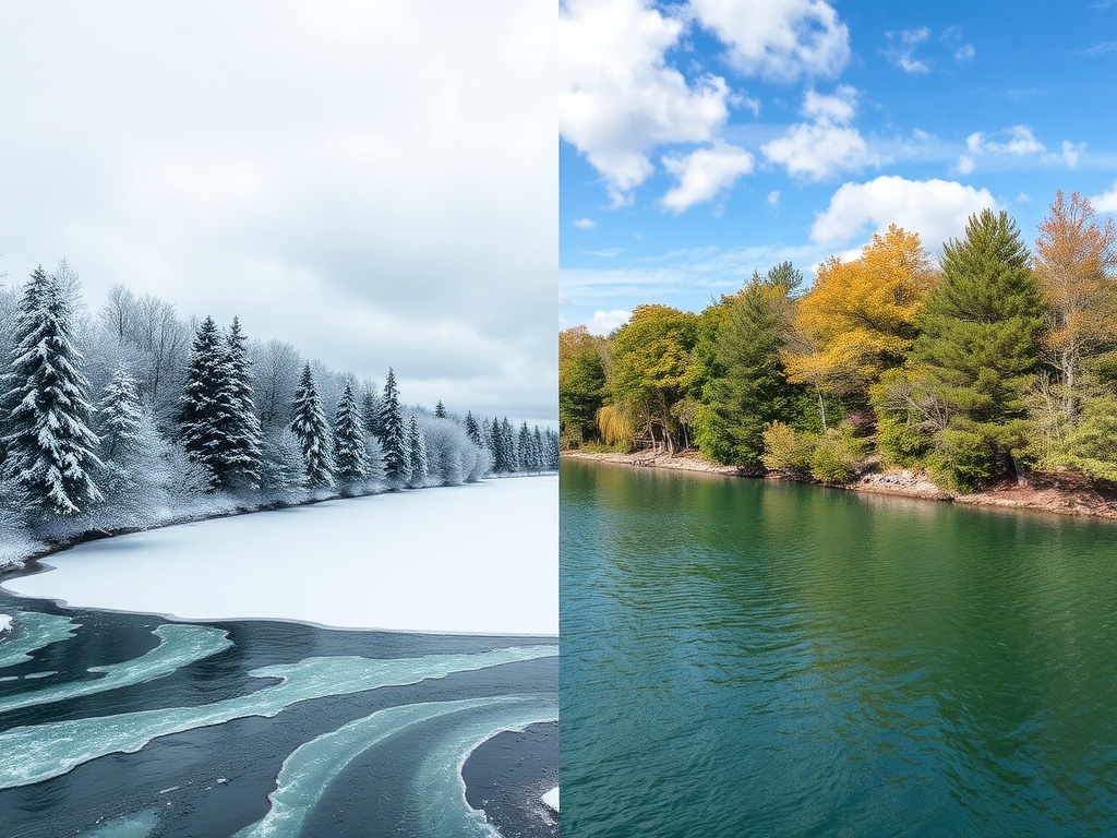 Sault Ste Marie winter snow covered trees frozen river vs summer green waterfront contrast