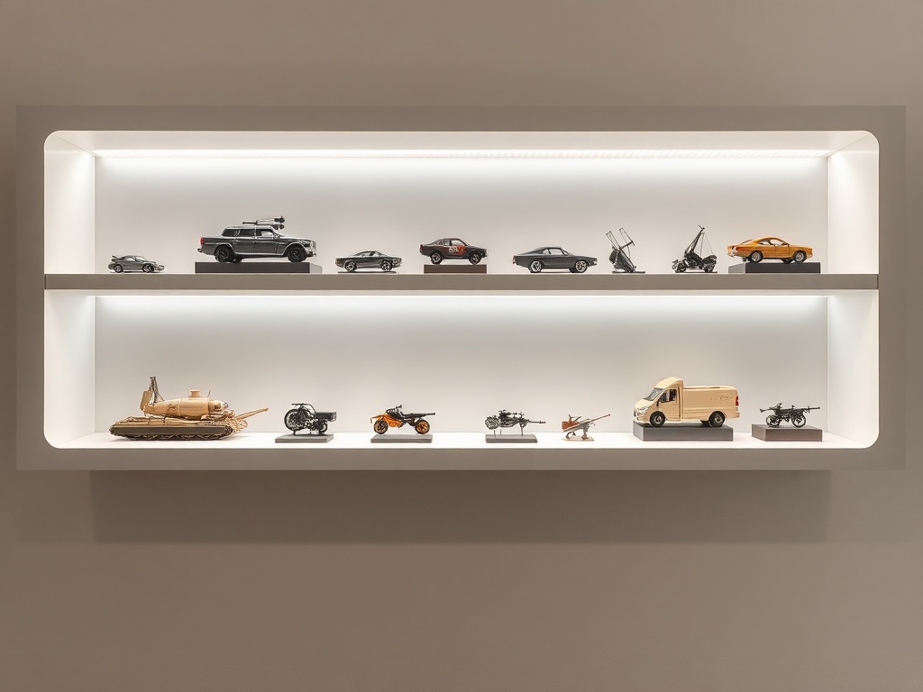 clean display shelf with spacing between scale models, soft LED strip lighting, neutral background, modern aesthetic