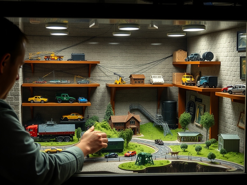 collector adjusting scale model display removing items to create spacing, focused lighting setup