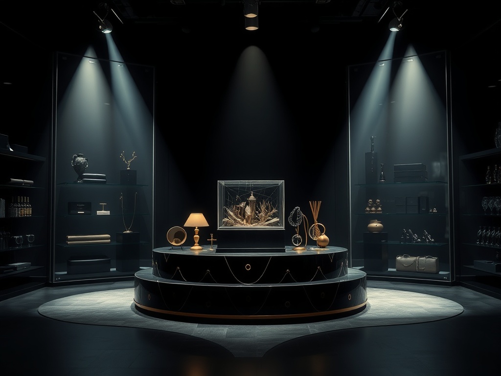 luxury boutique display with single collectible item centered, dramatic spotlight, dark background, high contrast