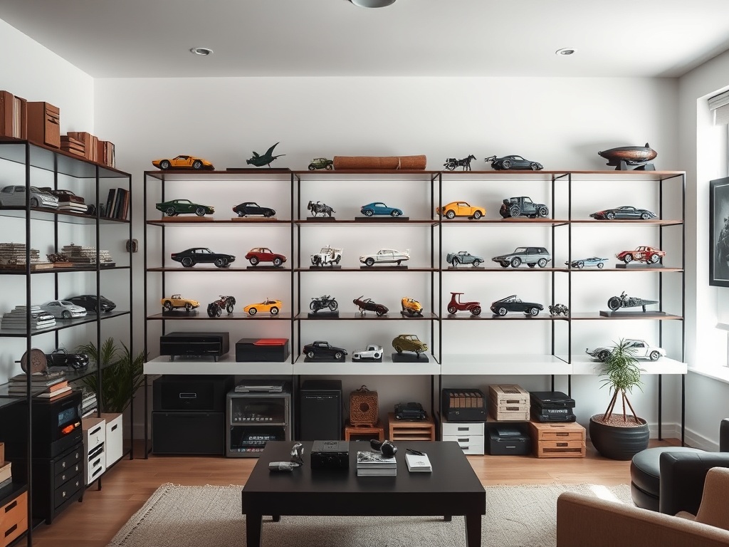 minimalist collector room with curated scale model displays, calm and intentional layout