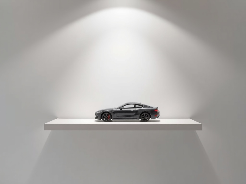 minimalist display shelf with a single detailed scale model car under soft lighting, dramatic shadows, clean background