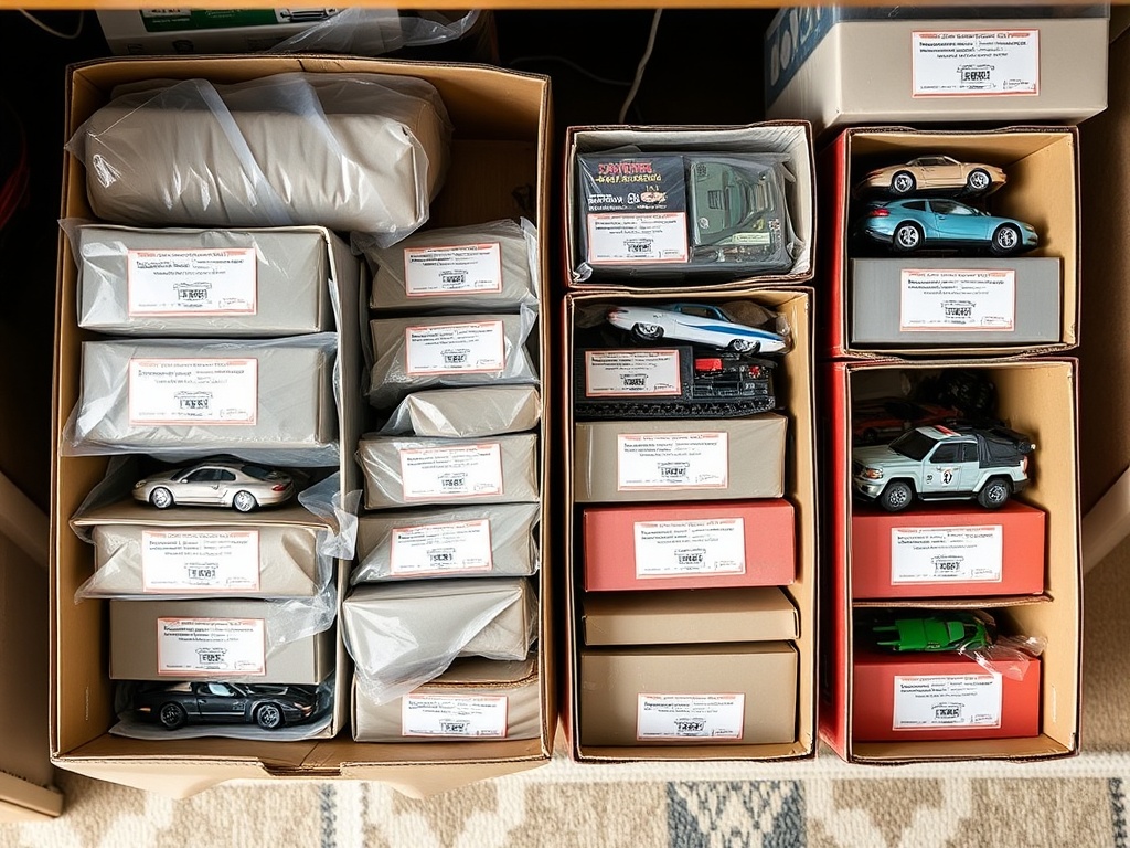 organized storage boxes with carefully wrapped scale models, labeled and clean, collector rotating display pieces