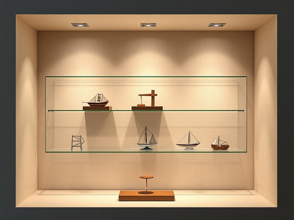 premium looking display with modest scale model presented beautifully, minimalist shelf, spotlight lighting