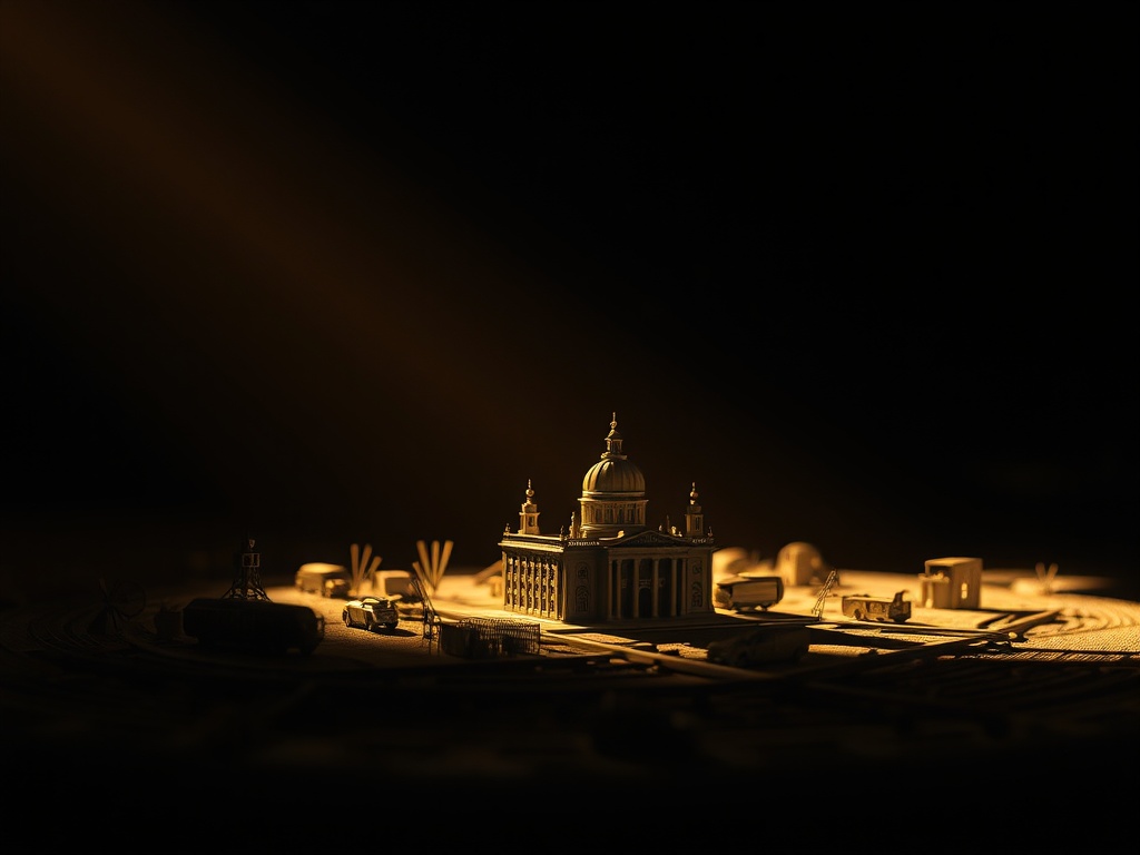 scale model under angled warm light creating shadows and depth, dark background, cinematic look