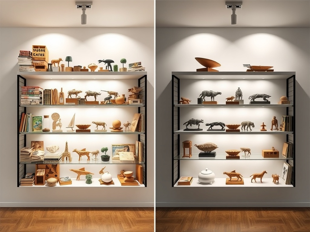 side by side comparison cluttered vs minimalist scale model display shelf, dramatic difference in lighting and spacing