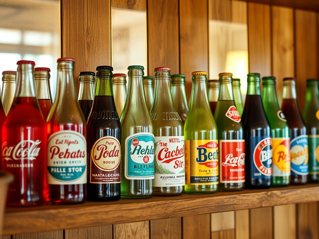 a collection of colorful 1950s soda bottles on a wooden shelf, vintage labels and glass reflections