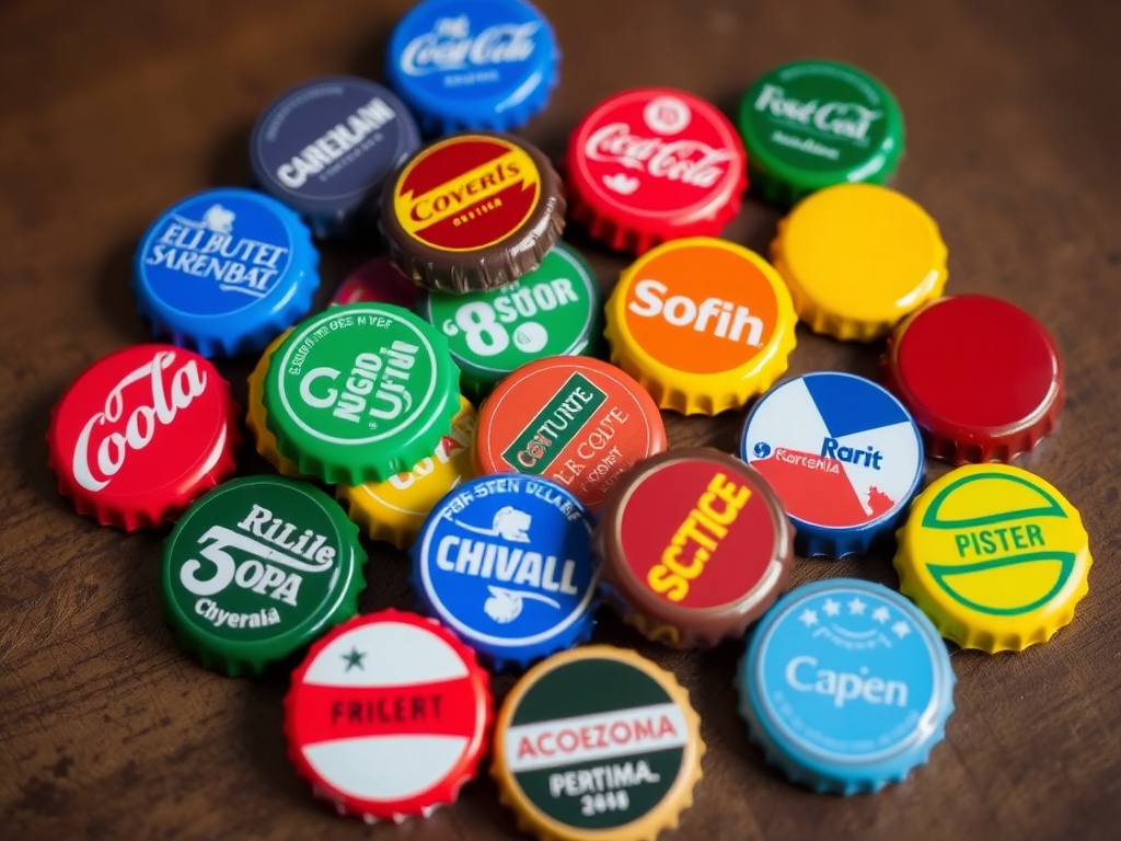 assorted colorful soda caps from different countries spread out on a table