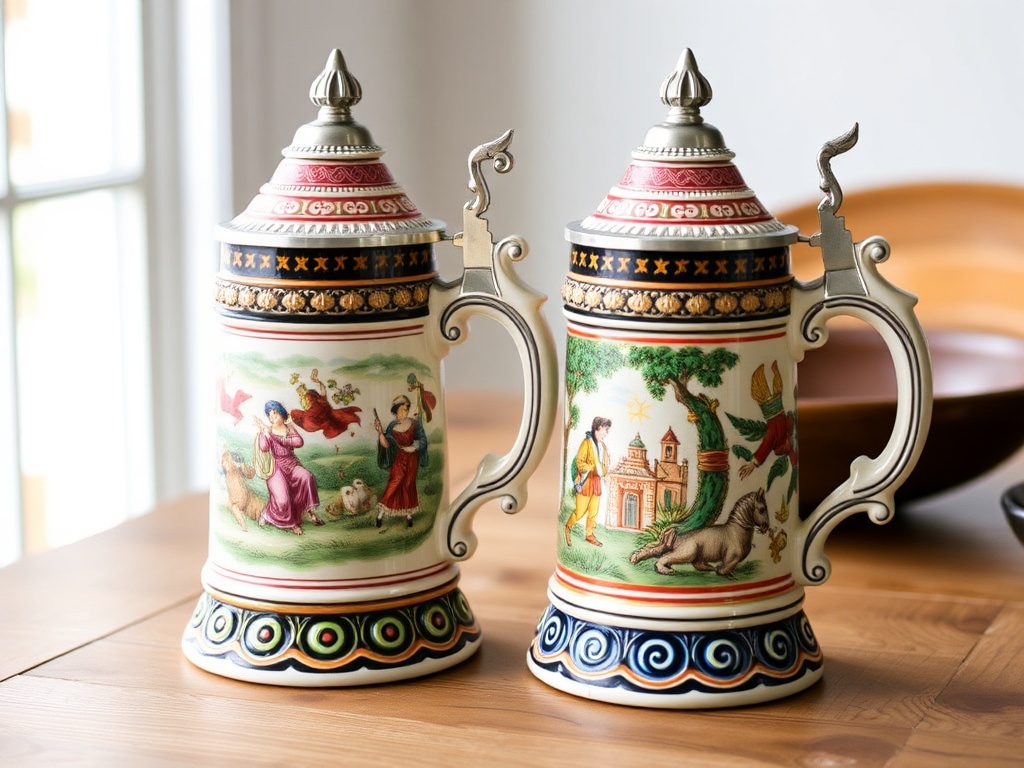 decorative ceramic beer steins with ornate handles and painted designs on wooden table