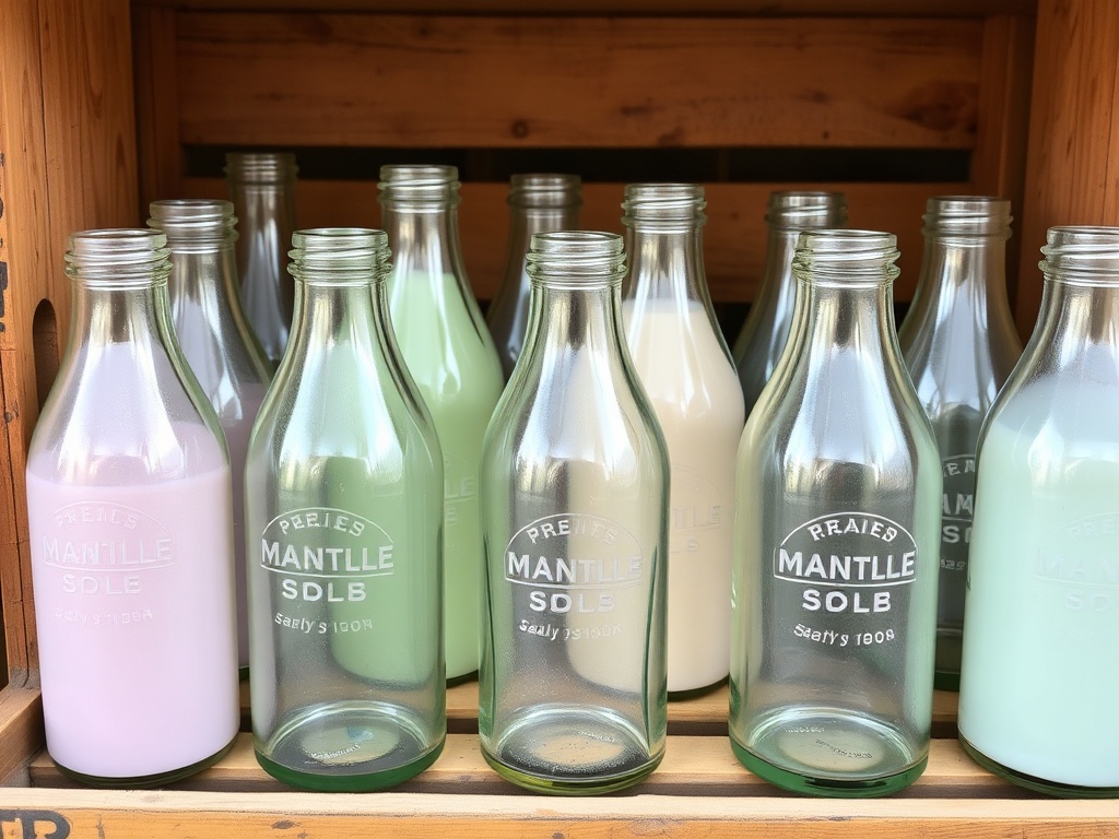 early 1900s milk bottles with embossed logos and pastel-colored glass, arranged on vintage crate
