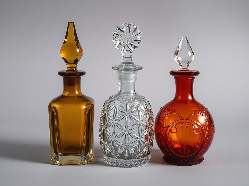 glass antique perfume and medicine bottles, ornate shapes and colored glass