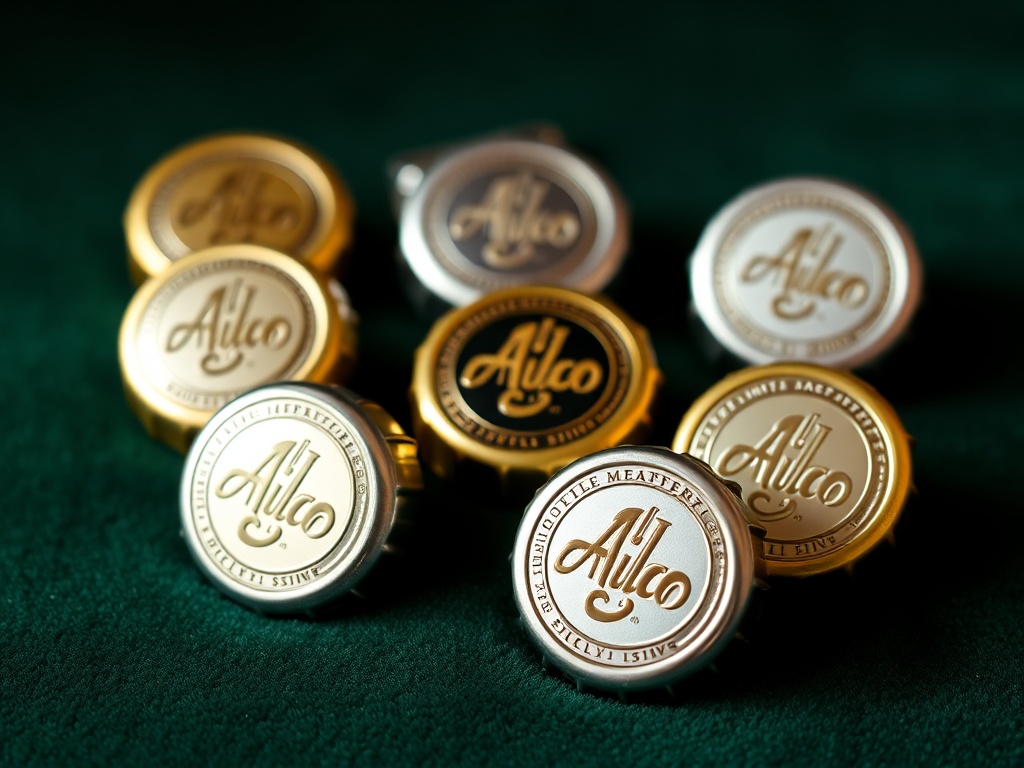 golden and silver limited edition bottle caps displayed neatly on velvet