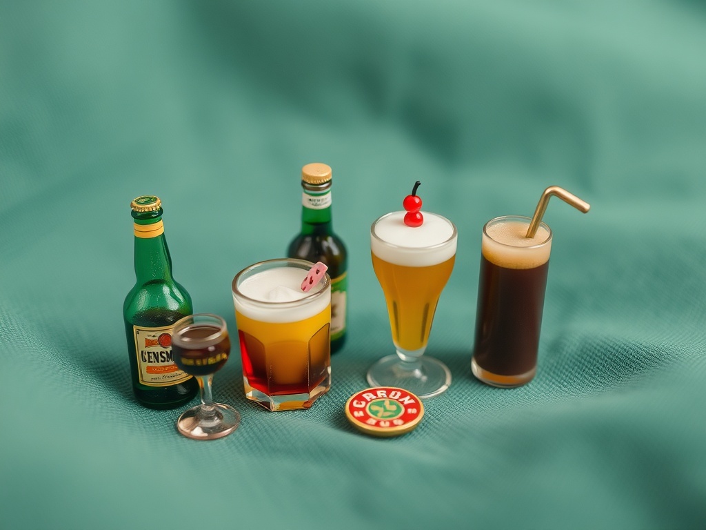 mini collectible pins and figurines themed around vintage beverages displayed on fabric