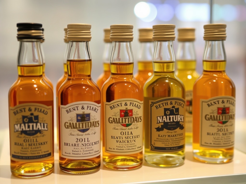tiny commemorative liquor bottles with event logos, arranged in glass display case