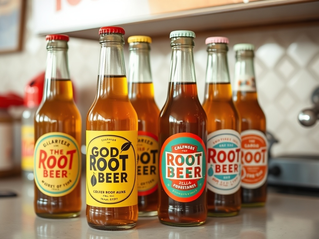 vintage root beer bottles with colorful 1960s labels on retro countertop