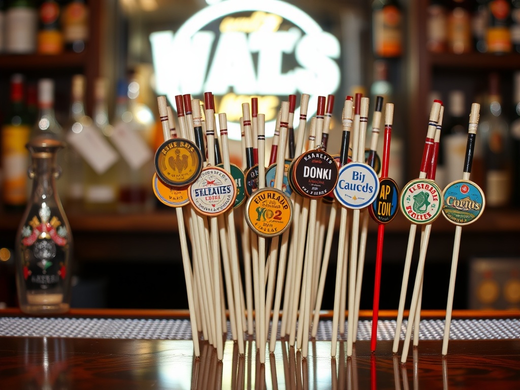 vintage swizzle sticks arranged on a bar counter, colorful logos visible