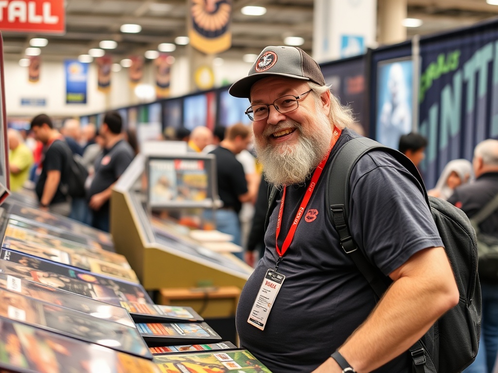 A collector enthusiast happily browsing through gaming memorabilia at a convention.