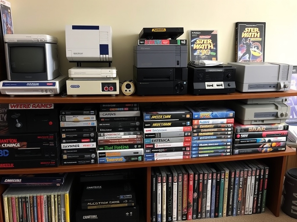 A gaming collection display with neatly arranged vintage consoles and boxed games.