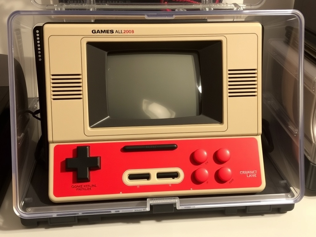 A vintage gaming console, pristine in condition, displayed in a protective case.