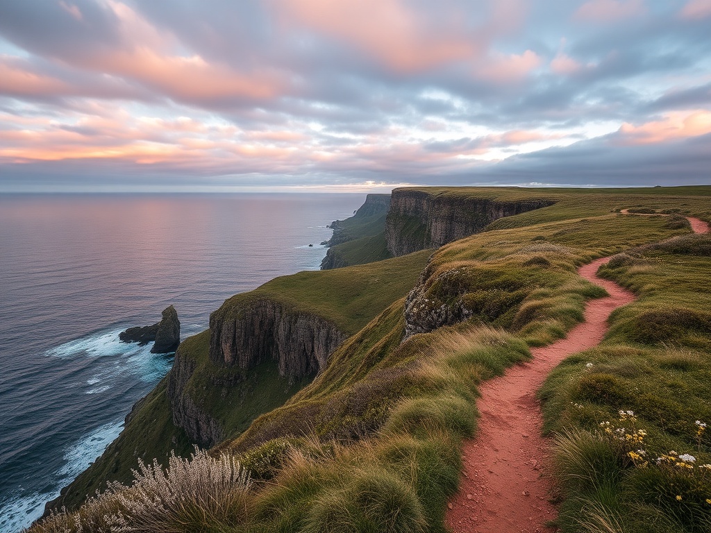 coastal hiking trail overlooking ocean cliffs in Sept-Iles with dramatic sky