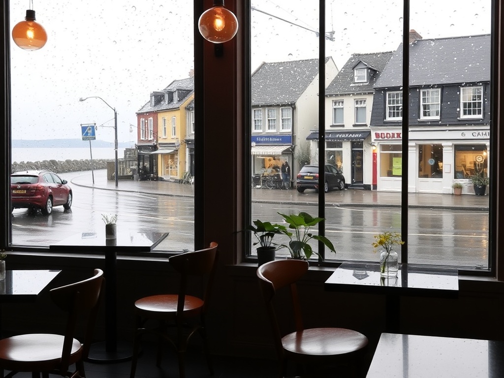 cozy cafe interior with large windows showing rainy coastal street in Sept-Iles