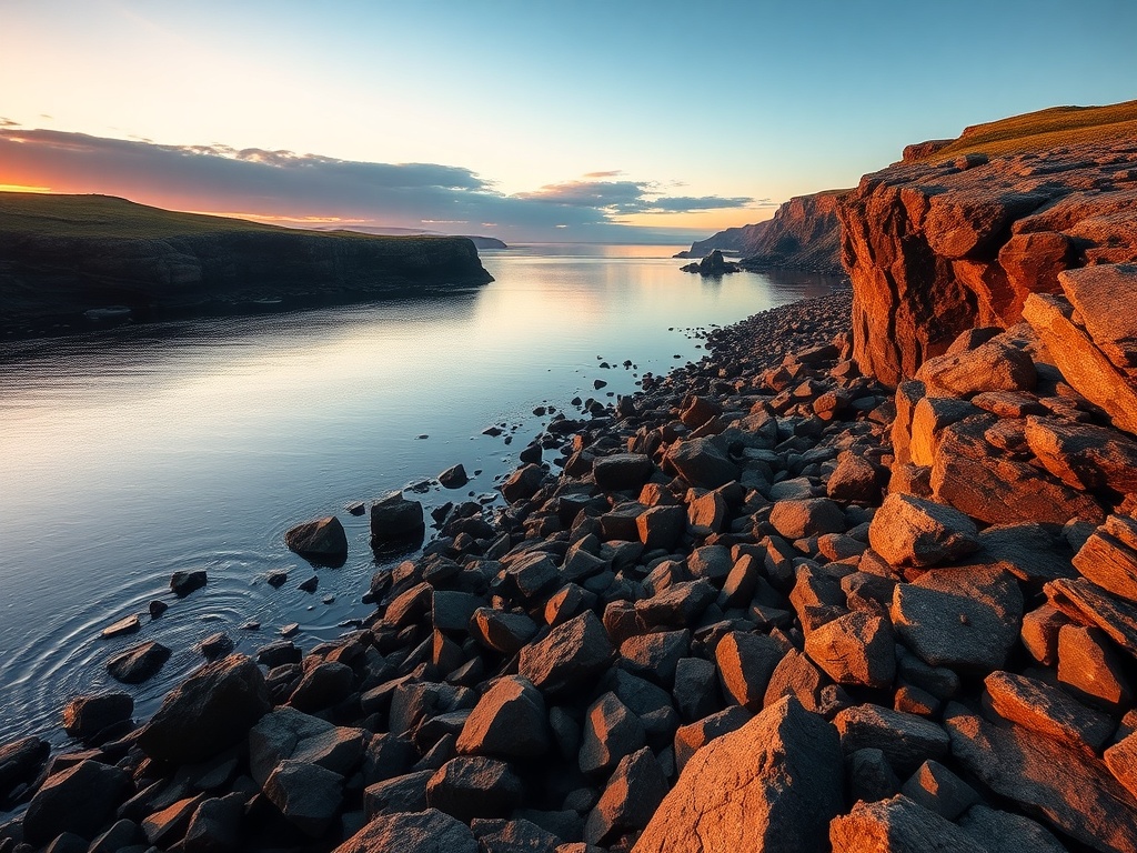 dramatic coastline of Sept-Iles at sunrise with rocky shore, calm water, and golden light