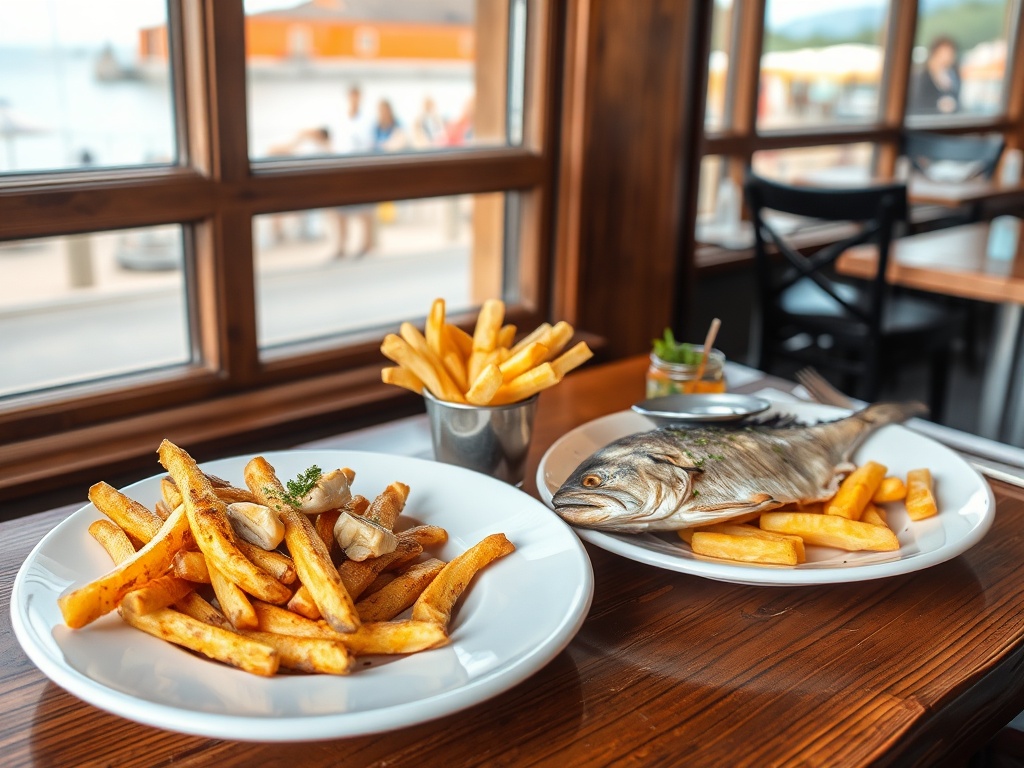 local seafood plate with fries and fresh fish on wooden table near coastal window
