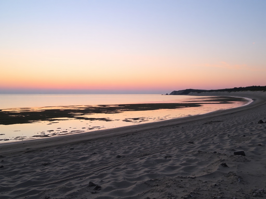 quiet beach at golden hour in Sept-Iles with soft pink sky and reflective water