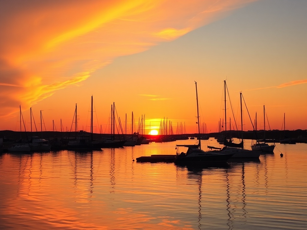 sunset over Sept-Iles harbor with orange sky reflecting on calm water and silhouettes of boats