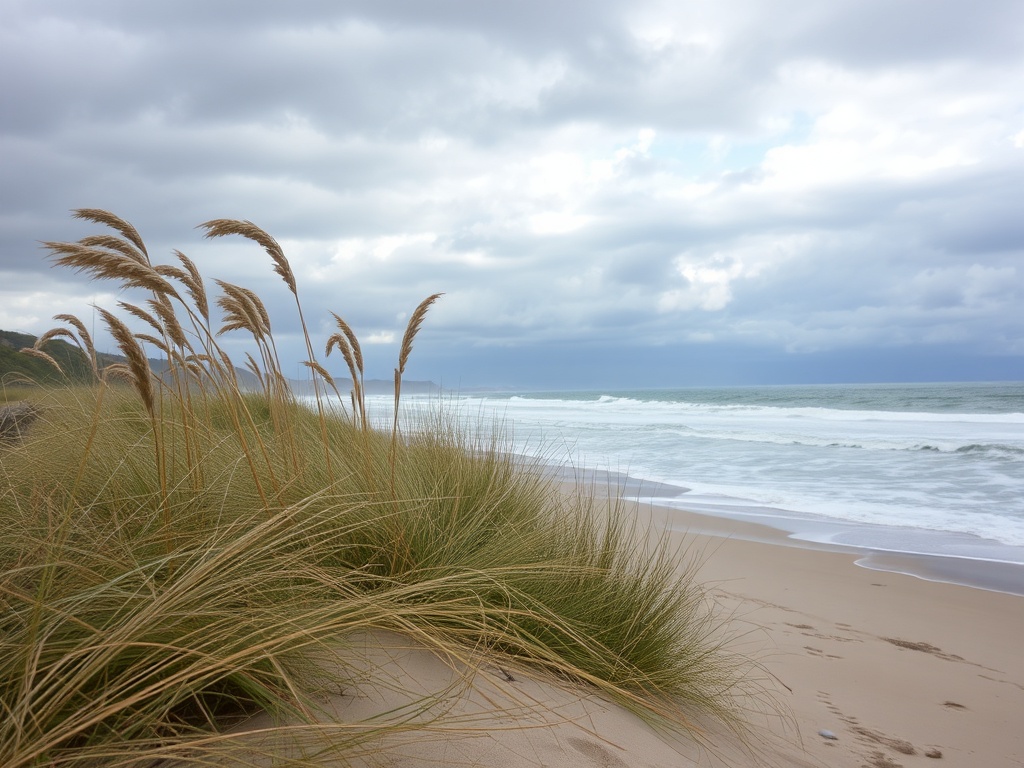 windswept beach in Sept-Iles with tall grass bending and waves crashing under cloudy sky