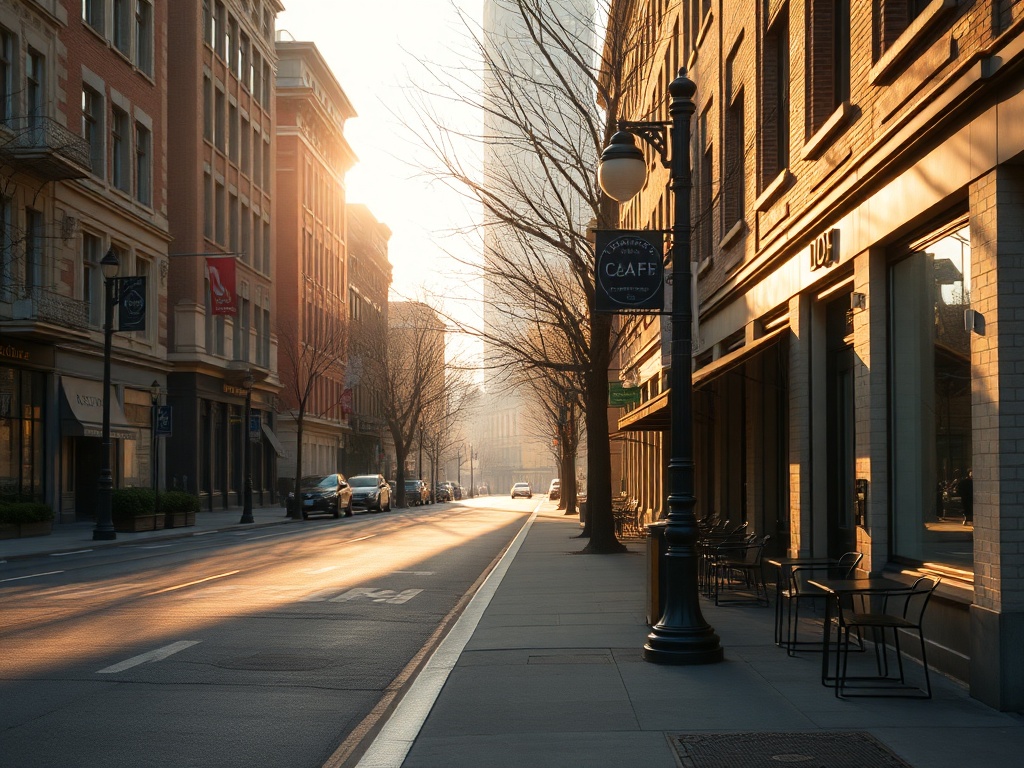 early morning Sherbrooke street with soft sunlight, empty sidewalks, small cafes opening, calm and cinematic atmosphere