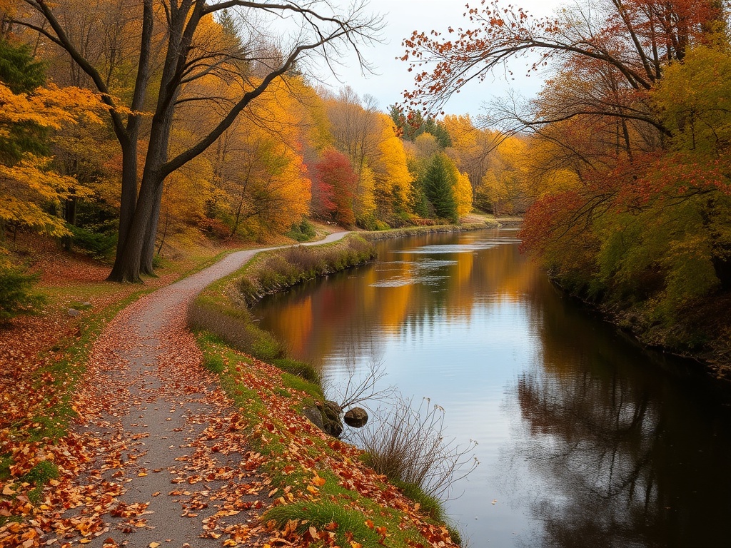 hidden riverside walking path in Sherbrooke with fall colors, calm water reflections, peaceful local vibe