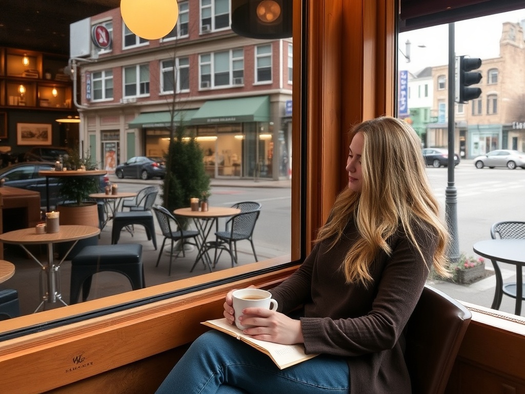 person sitting at a cozy cafe window in Sherbrooke, coffee cup, notebook, street view outside, relaxed reflective mood