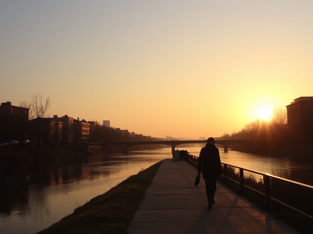 person walking alone along Sherbrooke river at sunset, reflective peaceful mood, soft golden sky