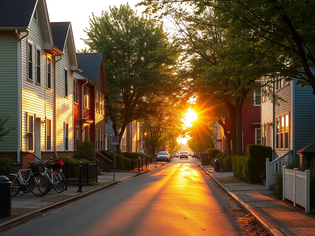 quiet neighborhood street in Sherbrooke with colorful houses, bicycles, trees, late afternoon golden light