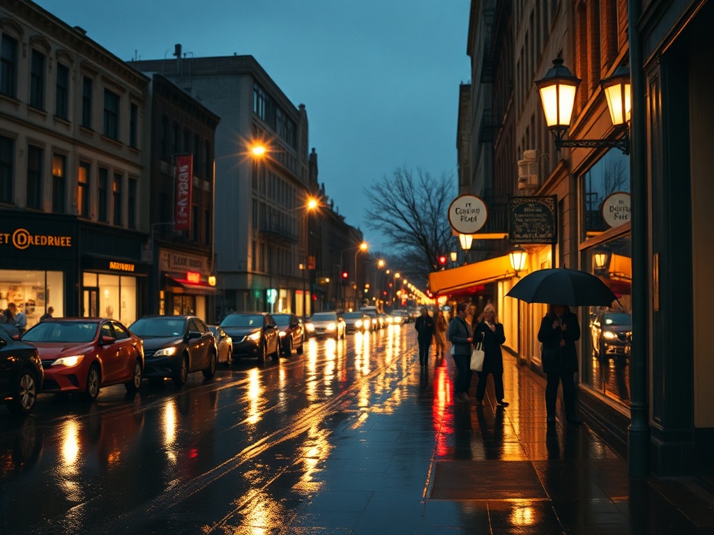 rainy Sherbrooke street reflections, umbrellas, cozy lights from shops, moody cinematic scene