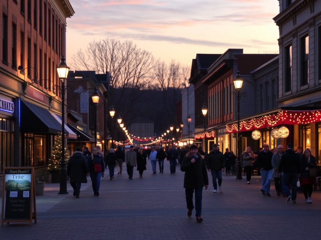 Sherbrooke downtown evening lights, warm glow, people walking, cozy lively atmosphere